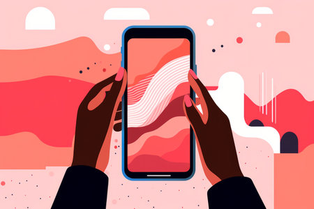 Close up of a woman hand using a smart phone. Abstract modern graphic style illustrationの素材