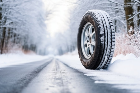 A winter car wheel tire by the side of a snow covered roadの素材