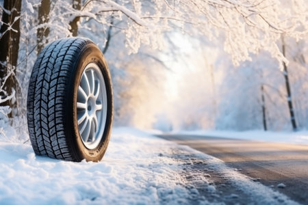 A winter car wheel tire by the side of a snow covered roadの素材