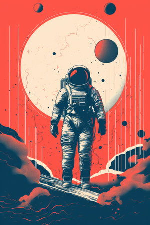 Vintage style illustration of a space astronaut. Abstract science fiction poster or bannerの素材