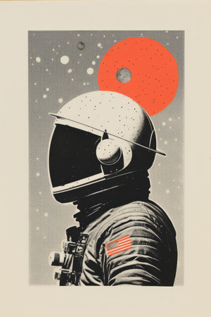 Vintage style illustration of a space astronaut. Abstract science fiction poster or bannerの素材