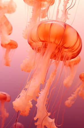 A school of beautiful pink jelly fish swimming underwaterの素材