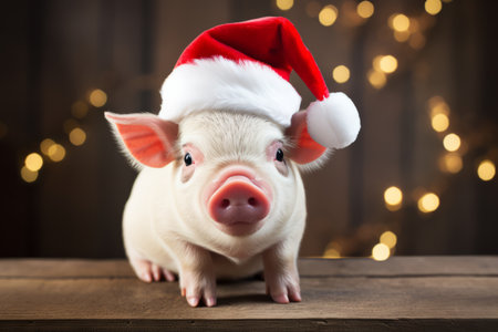Cute little festive pig wearing a Father Christmas santa hatの素材