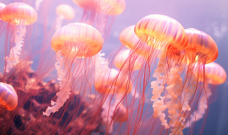 A school of beautiful pink jelly fish swimming underwaterの素材
