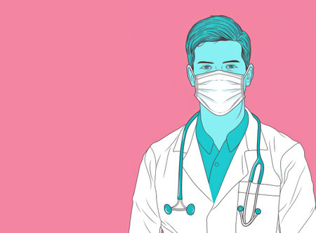 Portrait of a young male doctor wearing a face mask. cartoon sketch illustrationの素材