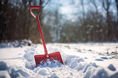 A snow shovel stuck in a large pile of fresh snowの素材