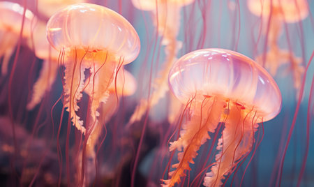 A school of beautiful pink jelly fish swimming underwaterの素材