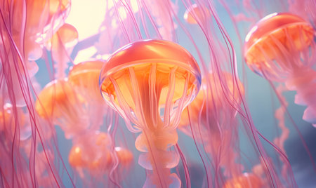 A school of beautiful pink jelly fish swimming underwaterの素材
