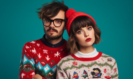 Studio portrait of a young trendy couple wearing festive christmas ugly jumpersの素材