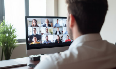 A business owner talking to a team of people on an online conference callの素材