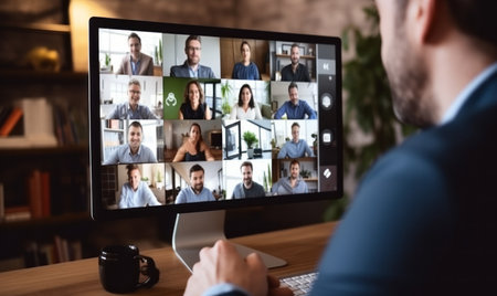 A business owner talking to a team of people on an online conference callの素材