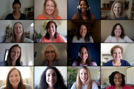 A team of people on an online conference call. Grid of webcam facesの素材