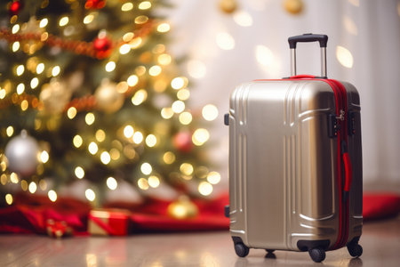 A travel suitcase in front of a festive Christmas tree. Seasonal travel conceptの素材
