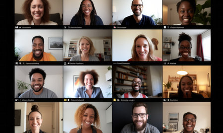 A team of people on an online conference call. Grid of webcam facesの素材