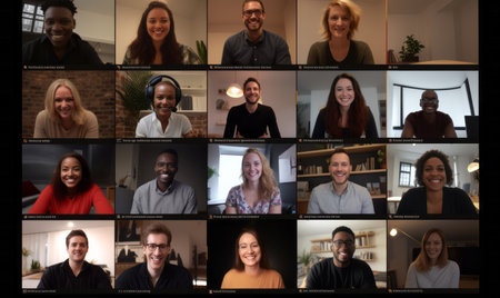 A team of people on an online conference call. Grid of webcam facesの素材