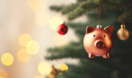 Piggy bank christmas decoration hanging on a Christmas tree branch. Seasonal savings and costsの素材