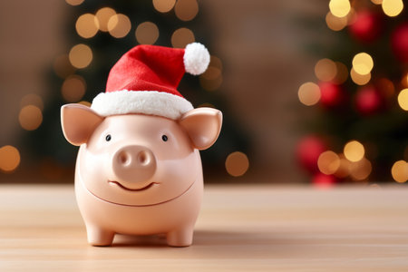 Festive piggy bank wearing a santa hat. Christmas savings and cost. Seasonal budgetの素材