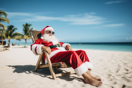 Father christmas relaxing on a tropical beach. Seasonal festive travelの素材