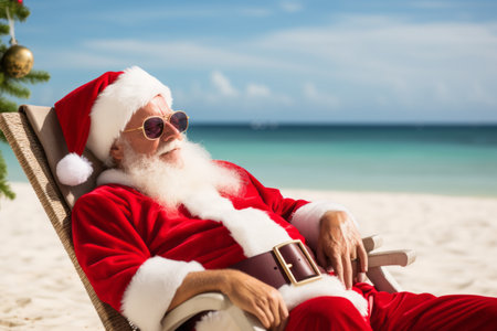 Father christmas relaxing on a tropical beach. Seasonal festive travelの素材