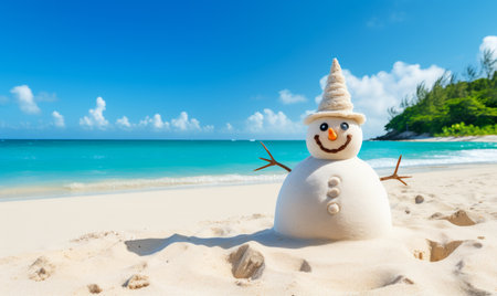 Winter vacation. A happy snowman tourist enjoying the sun on a tropical beachの素材