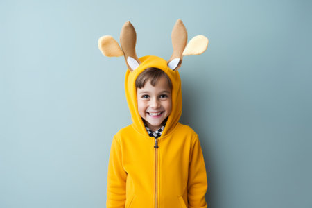 A young happy child wearing a festive reindeer costume for Christmas holiday celebrationの素材