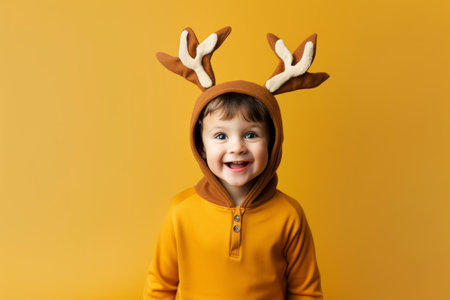 A young happy child wearing a festive reindeer costume for Christmas holiday celebrationの素材