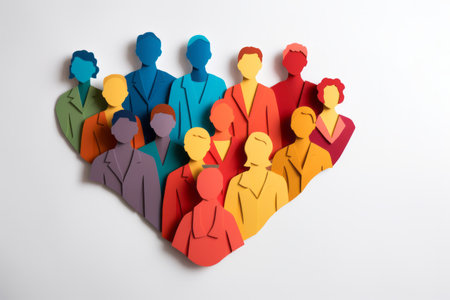Paper cut out of a large crowd of people standing together. Diverse community and teamwork conceptの素材