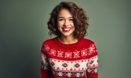 Portrait of a young woman wearing a festive christmas jumperの素材