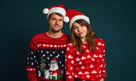 Studio portrait of a young trendy couple wearing festive christmas ugly jumpersの素材