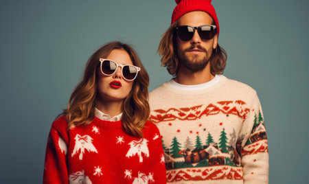 Studio portrait of a young trendy couple wearing festive christmas ugly jumpersの素材