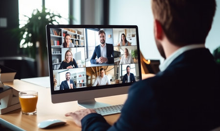 A business owner talking to a team of people on an online conference callの素材