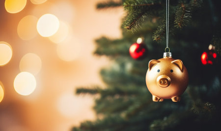 Piggy bank christmas decoration hanging on a Christmas tree branch. Seasonal savings and costsの素材