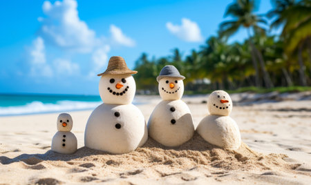 Family winter holiday. A family of snowmen people relaxing on a tropical beachの素材