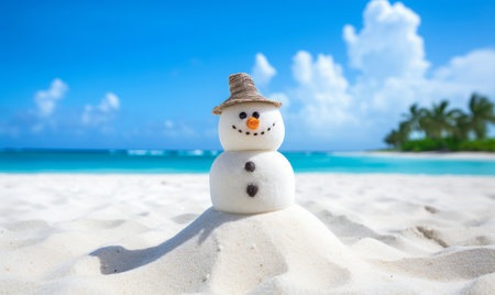 Winter vacation. A happy snowman tourist enjoying the sun on a tropical beachの素材