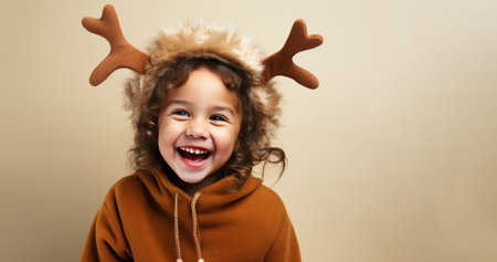 A young happy child wearing a festive reindeer costume for Christmas holiday celebrationの素材