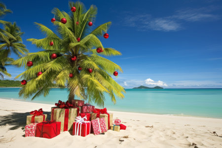 A decorated christmas tree on a tropical beach. Seasonal festive winter travel vacationの素材