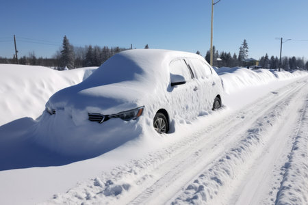 A broken down car is stuck in snow on a snow covered road in winterの素材