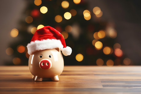 Festive piggy bank wearing a santa hat. Christmas savings and cost. Seasonal budgetの素材