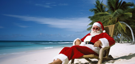 Father christmas relaxing on a tropical beach. Seasonal festive travelの素材