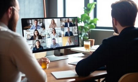 A business owner talking to a team of people on an online conference callの素材