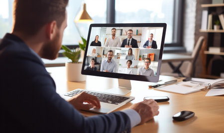 A business owner talking to a team of people on an online conference callの素材
