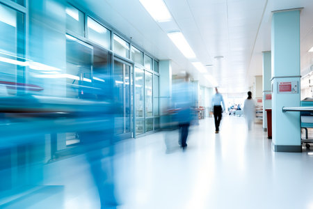 A busy hospital corridor with doctors and nurses walking. Long exposure motion blurの素材