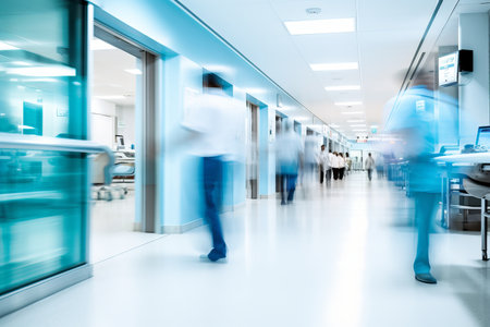 A busy hospital corridor with doctors and nurses walking. Long exposure motion blurの素材
