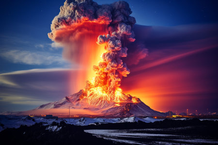 A volcano erupting with a large cloud of toxic smoke fire and ashの素材