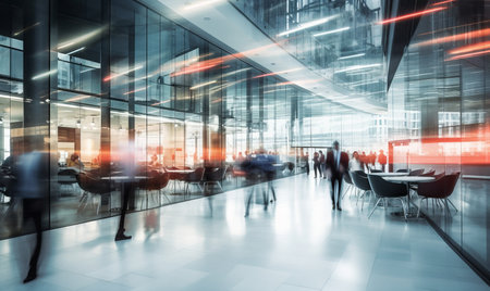 Abstract blurred interior shot of a modern office building with motion blur of business peopleの素材