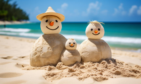 Family winter holiday. A family of snowmen people relaxing on a tropical beachの素材