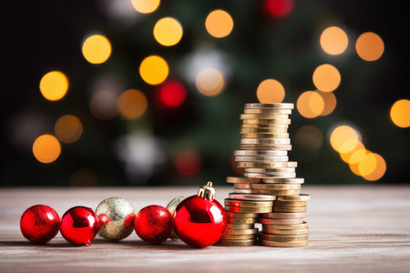 Saving for Christmas. Coins with seasonal decorationsの素材
