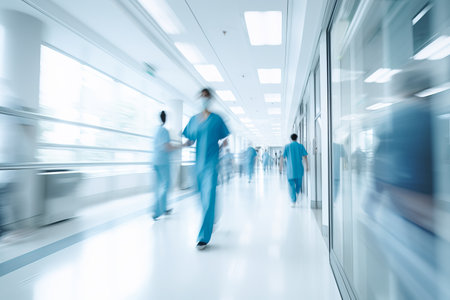 A busy hospital corridor with doctors and nurses walking. Long exposure motion blurの素材