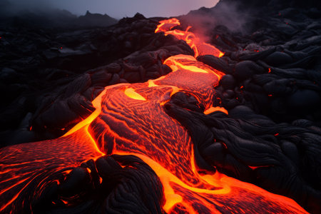 close up of molten magma lava flowing from an active volcanoの素材