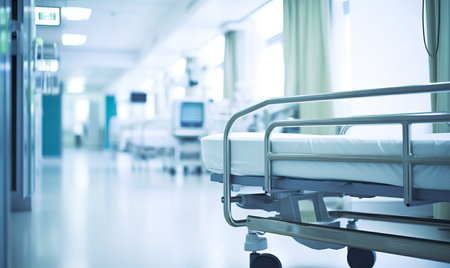 An empty hospital bed in the corridor of a modern hospitalの素材